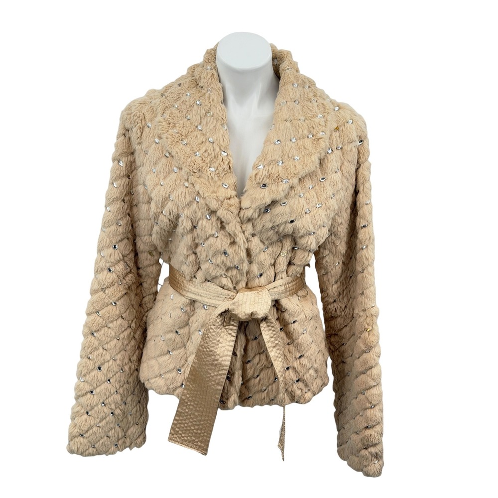 Y2K Bebe Full Rabbit Fur Crystal Jacket Womens Large Tan McBling Rhinestone Glam